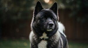 Black American Akita in a back yard with a brown fence in the background.
