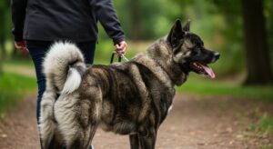 Black American Akita on a dirt path in a nature trail with a female owner holding on to the leash.