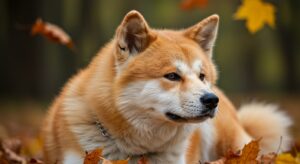 Japanese Akita laying down in the fall/autumn leaves