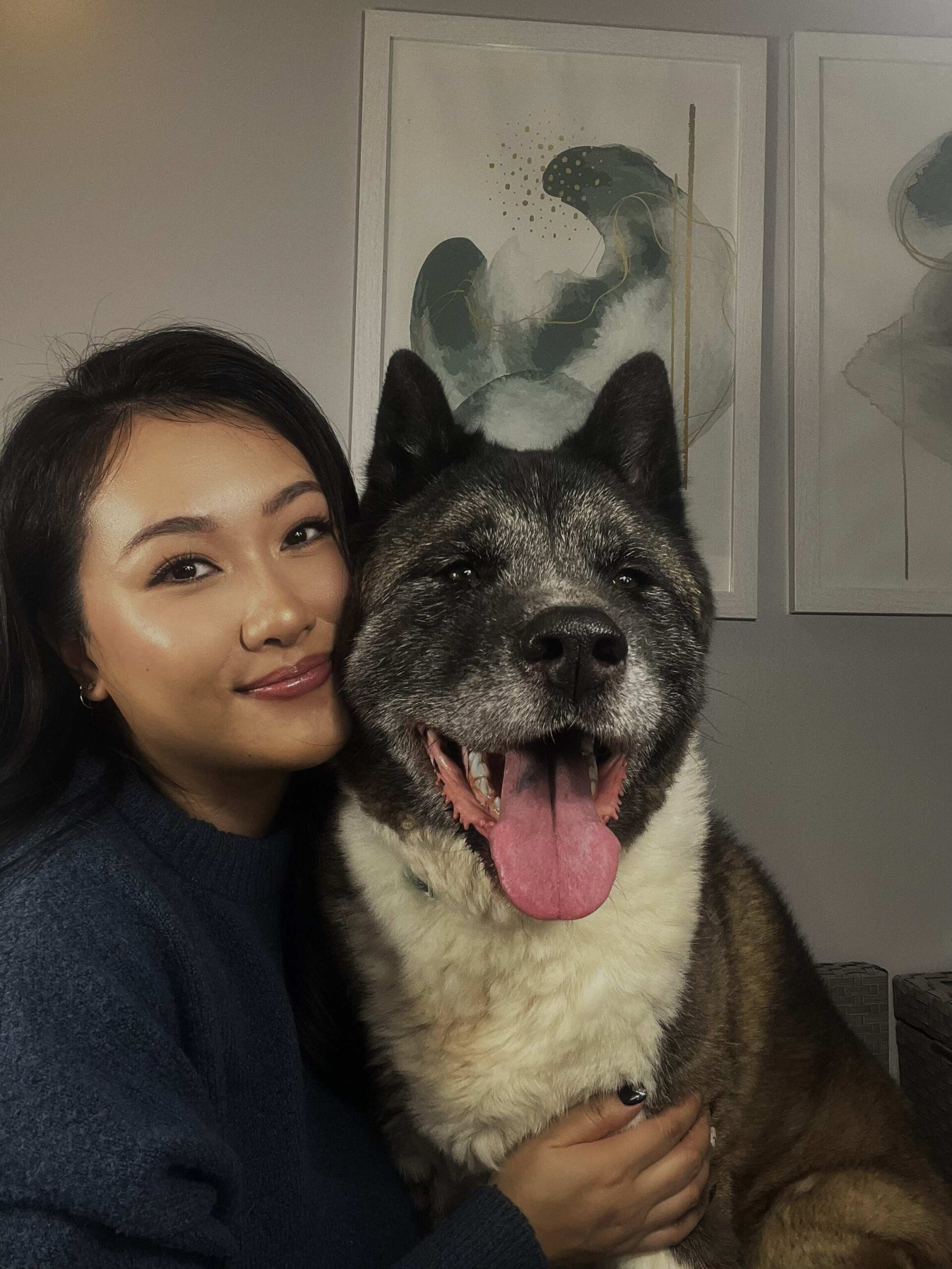 Bear Dogs - The Akita author with her female American Akita smiling at the carmera.