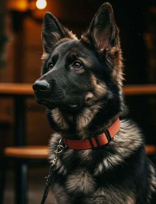 Close-up portrait of a German Shepherd dog wearing a red collar and leash, looking alert with upright ears.