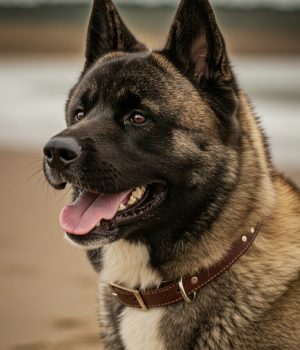 A brown American Akita looking off into the distance at a lake.