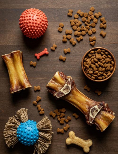 flat lay of kibbles, dog toys, and smoked marrow bones on a wooded background.