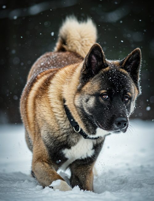 Akita dog walking in snow with black collar, close-up winter portrait.
