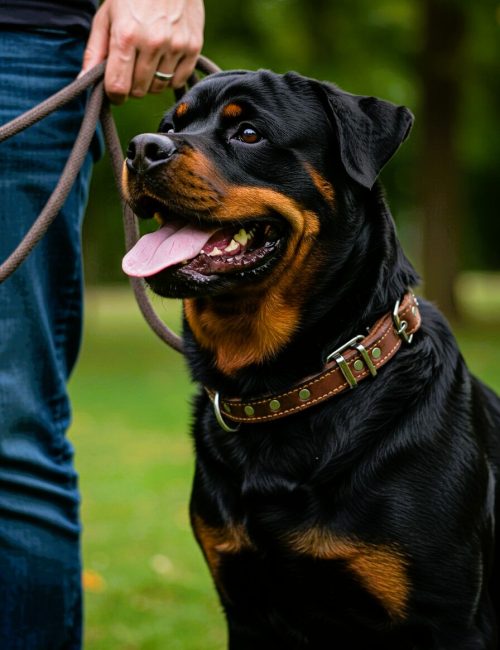 Happy Rottweiler dog on a walk in the park, wearing a brown leather collar, panting with tongue out beside owner.